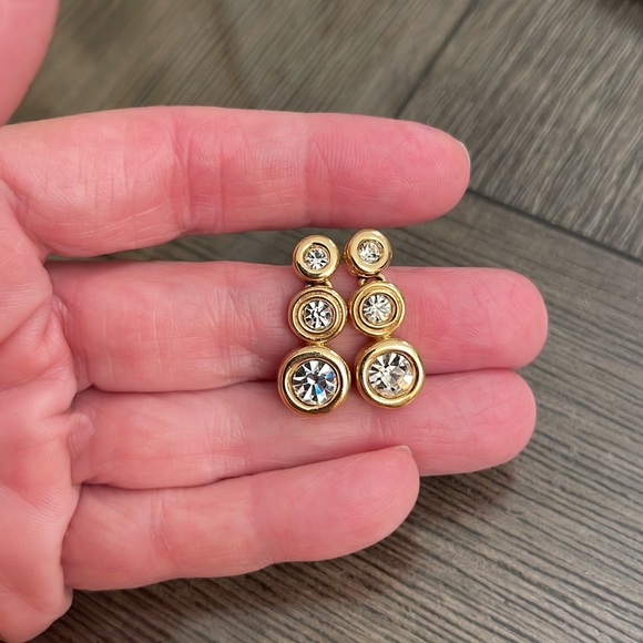 Vintage Swarovski Crystal Three Stone Drop Earrings, Gold-tone - Picture 11 of 16